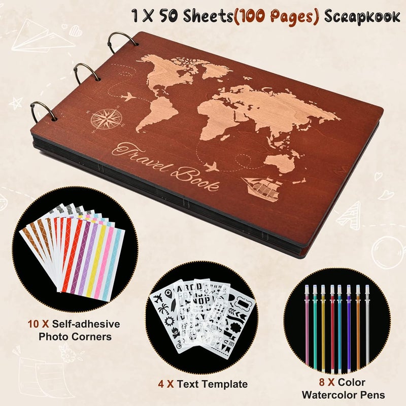 Giiffu Wooden Scrapbook Album for Travel Memories, DIY Photo Scrapbooking Book with Accessories, 100 Pages Personalized Adventure Memory Journal, Gift for Graduation, Birthday & Couples - Image 2